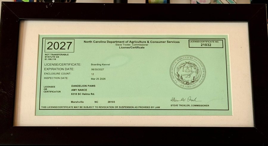 North Carolina Department of Agriculture boarding kennel license for Dandelion Paws